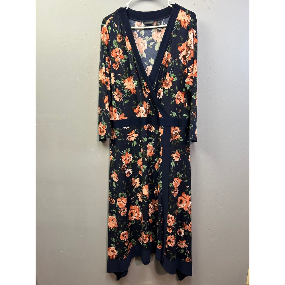 Nina Leonard Dress Women 1X Navy Floral Faux Wrap Sharkbite 3/4 Sleeve Midi Plus